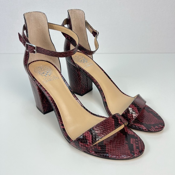 Vince Camuto Beah Sandal Dark Red Snake Mobwife Block Heel Strappy Adjustable 10 - Picture 1 of 13